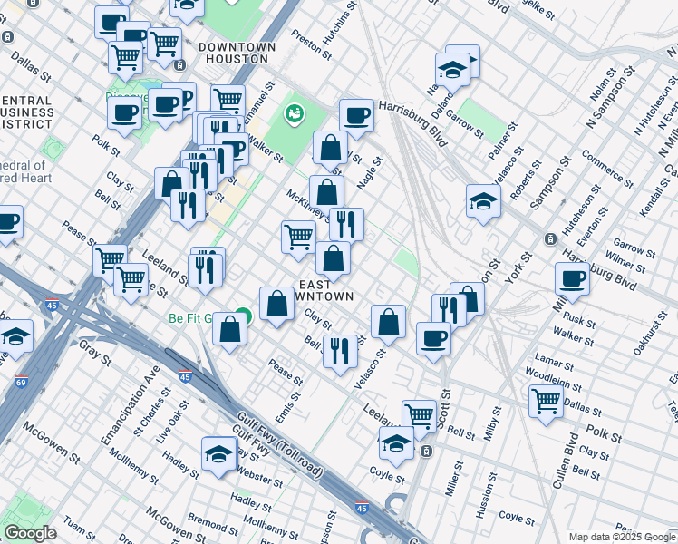 map of restaurants, bars, coffee shops, grocery stores, and more near 1110 Delano Street in Houston
