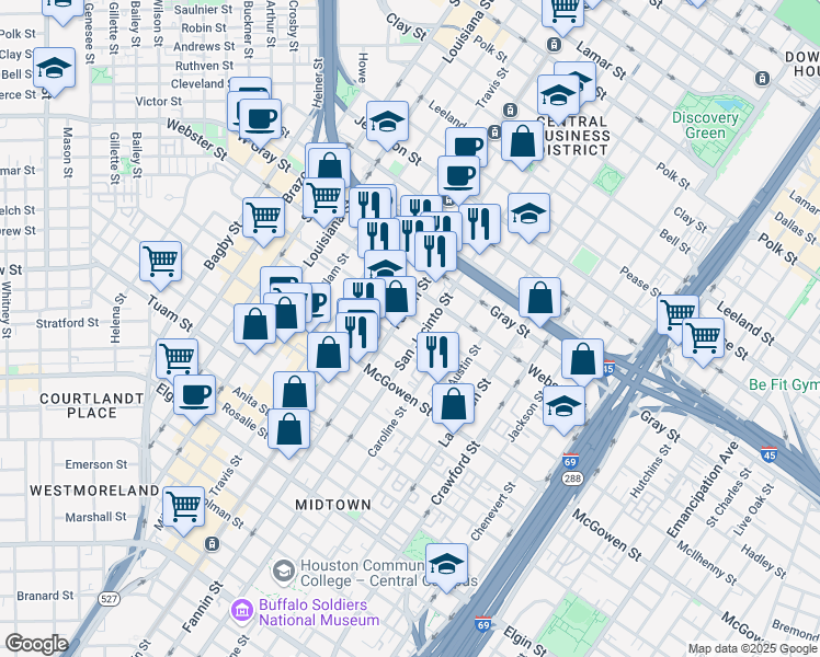 map of restaurants, bars, coffee shops, grocery stores, and more near 2309 Fannin Street in Houston