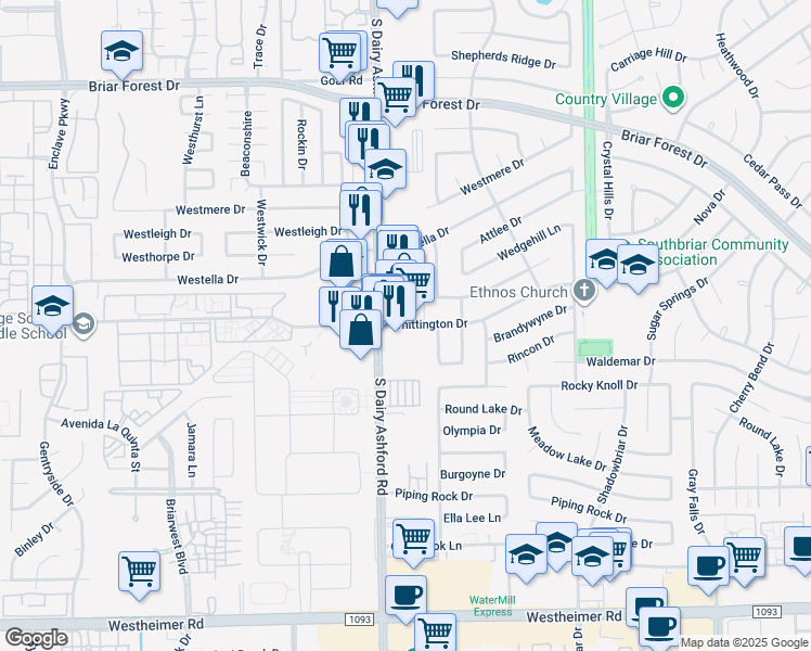 map of restaurants, bars, coffee shops, grocery stores, and more near in Houston