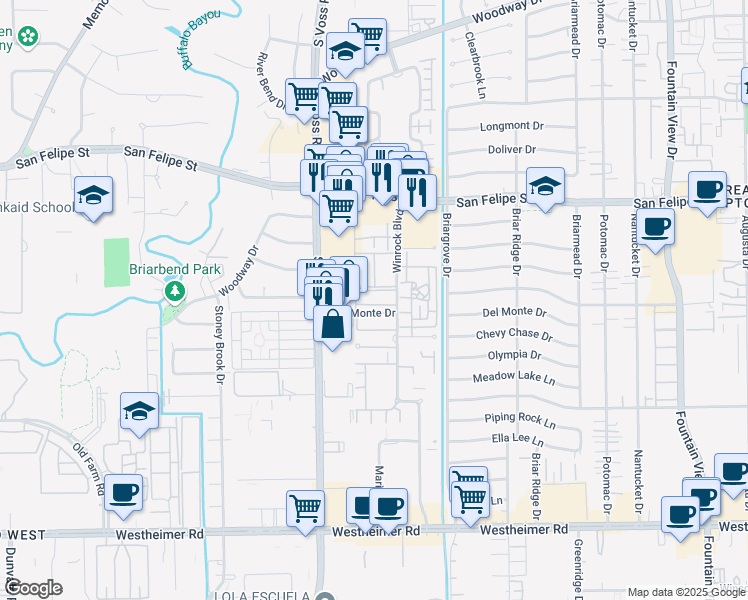map of restaurants, bars, coffee shops, grocery stores, and more near 6402 Del Monte Drive in Houston