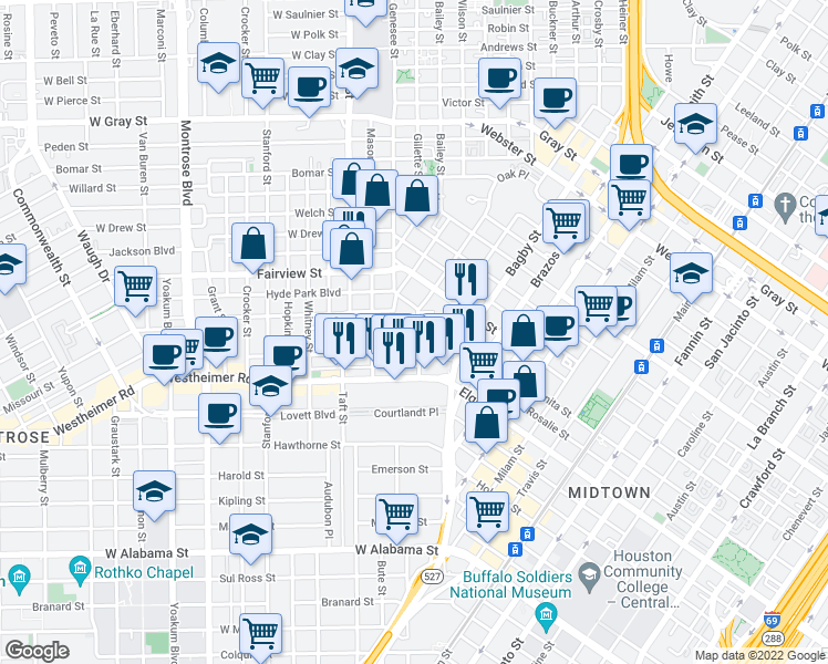 map of restaurants, bars, coffee shops, grocery stores, and more near 200 Stratford Street in Houston