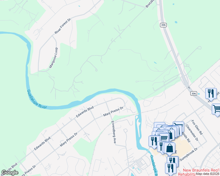 map of restaurants, bars, coffee shops, grocery stores, and more near 1427 Edwards Boulevard in New Braunfels
