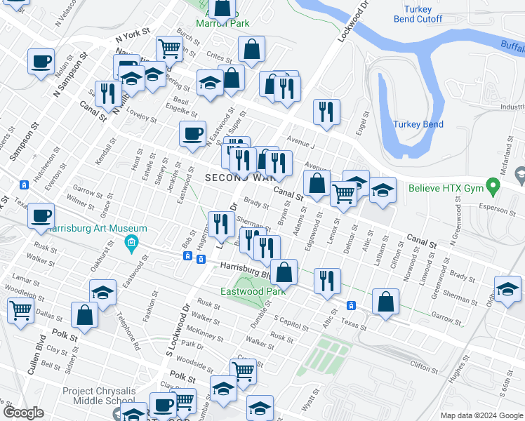 map of restaurants, bars, coffee shops, grocery stores, and more near 4901 Brady Street in Houston