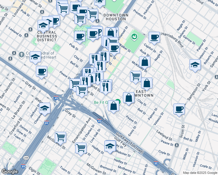 map of restaurants, bars, coffee shops, grocery stores, and more near 2301 Bell Street in Houston