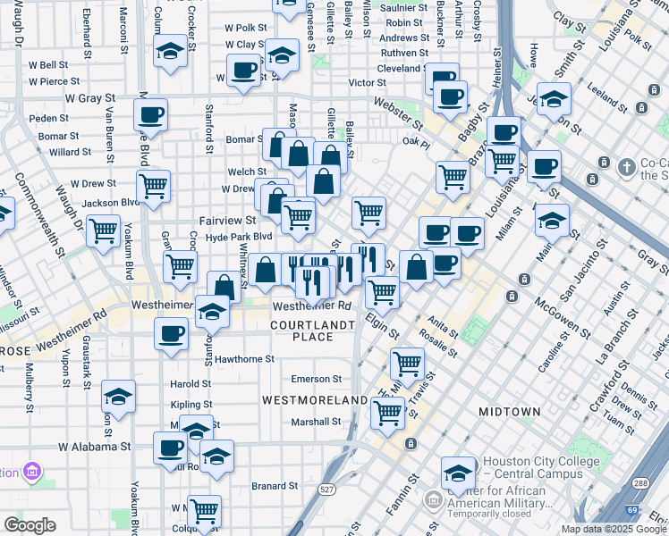 map of restaurants, bars, coffee shops, grocery stores, and more near 205 Stratford Street in Houston