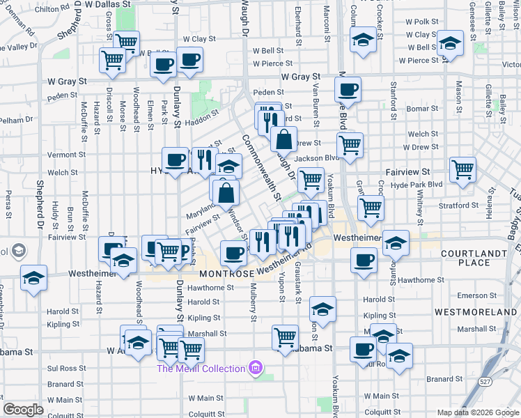 map of restaurants, bars, coffee shops, grocery stores, and more near 1515 Hyde Park Boulevard in Houston