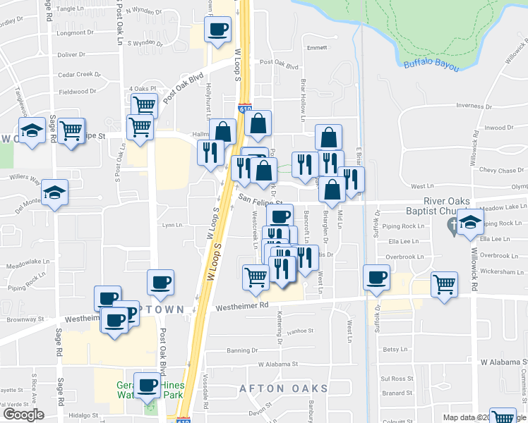 map of restaurants, bars, coffee shops, grocery stores, and more near 4521 San Felipe Street in Houston