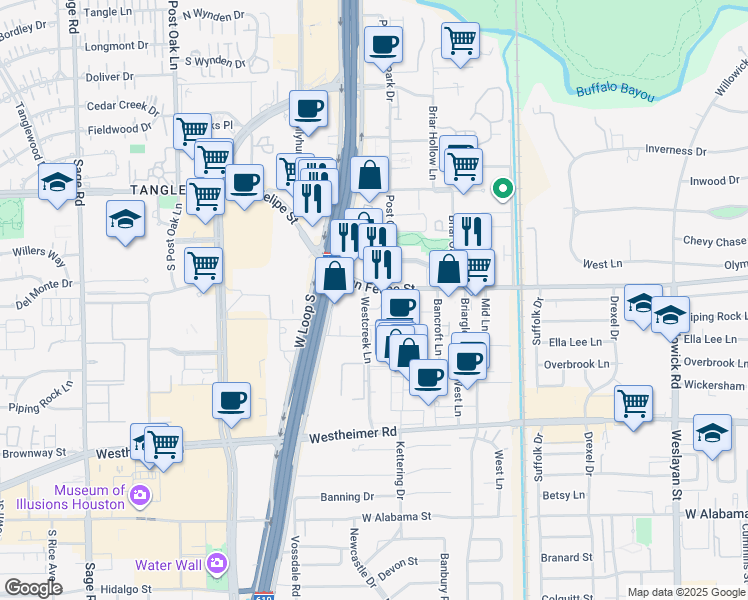 map of restaurants, bars, coffee shops, grocery stores, and more near 4521 San Felipe Street in Houston