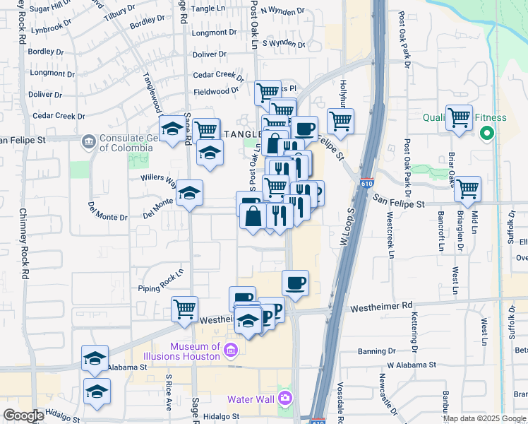 map of restaurants, bars, coffee shops, grocery stores, and more near 5050 Ambassador Way in Houston