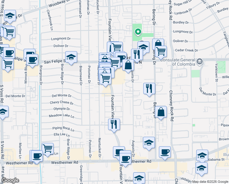 map of restaurants, bars, coffee shops, grocery stores, and more near 1957 Fountain View Drive in Houston