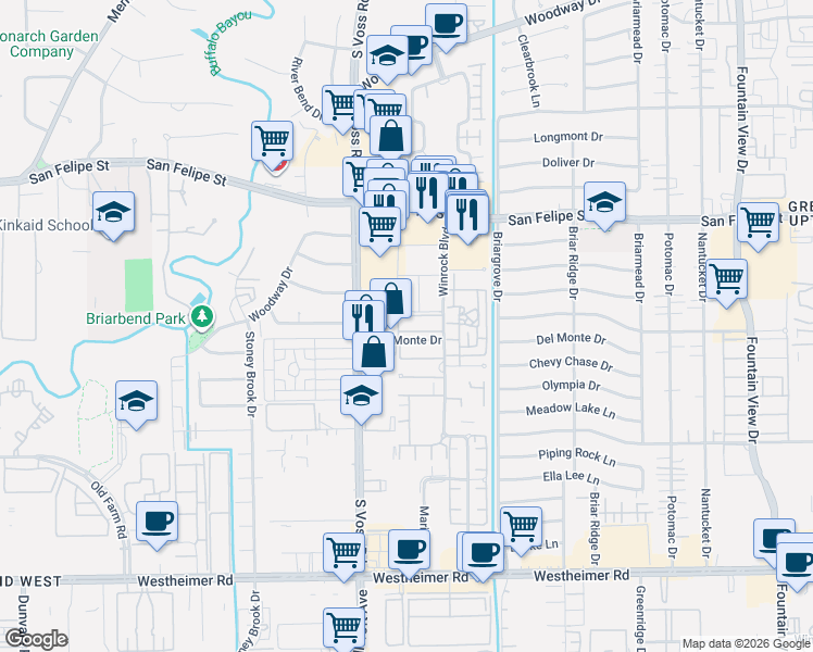 map of restaurants, bars, coffee shops, grocery stores, and more near 6402 Del Monte Drive in Houston