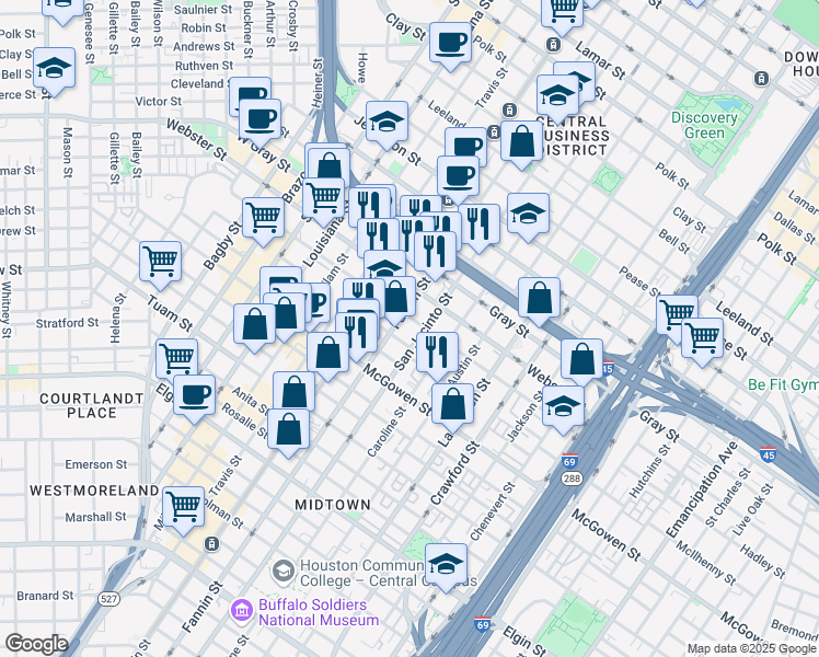 map of restaurants, bars, coffee shops, grocery stores, and more near 2309 Fannin Street in Houston