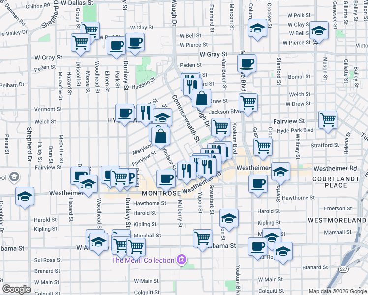 map of restaurants, bars, coffee shops, grocery stores, and more near 1515 Hyde Park Boulevard in Houston
