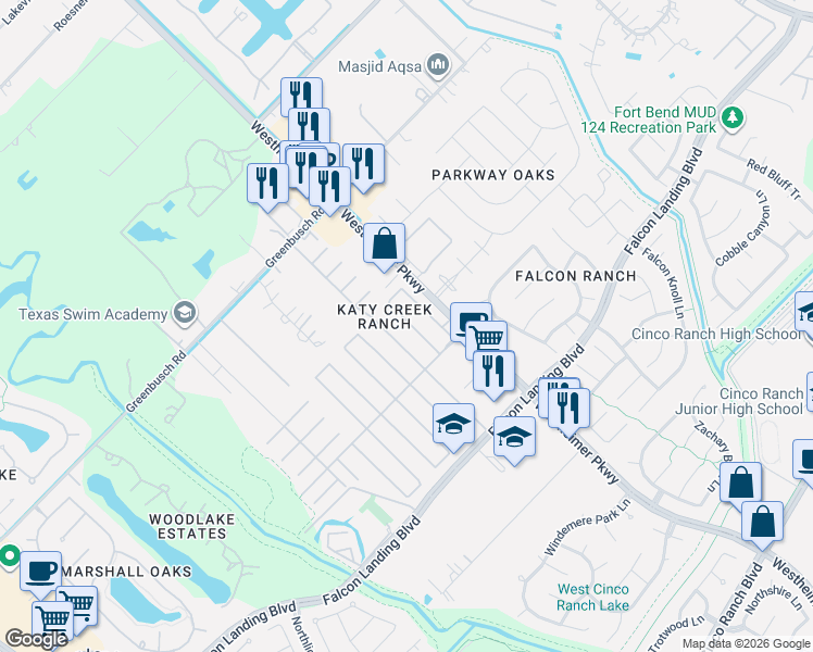 map of restaurants, bars, coffee shops, grocery stores, and more near 25206 Bluma Ranch Drive in Katy