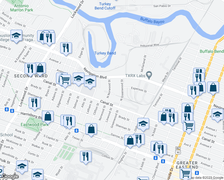 map of restaurants, bars, coffee shops, grocery stores, and more near 2 North Norwood Street in Houston