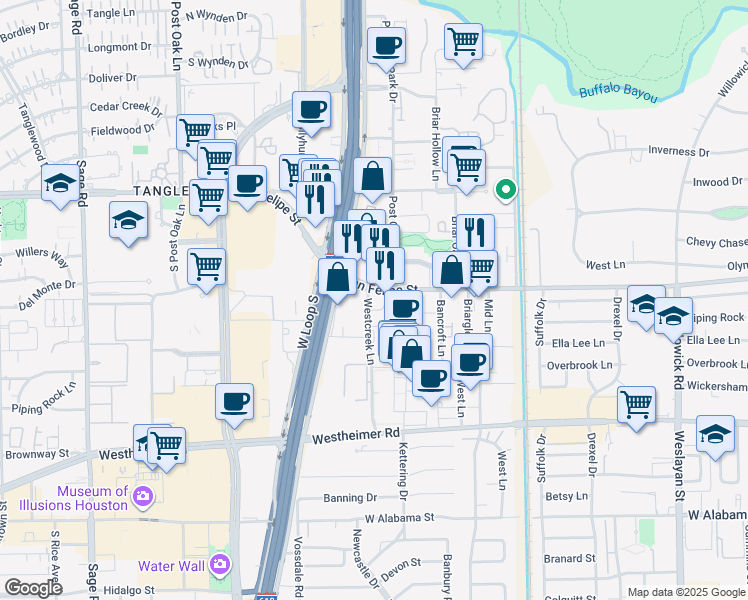 map of restaurants, bars, coffee shops, grocery stores, and more near 4521 San Felipe Street in Houston