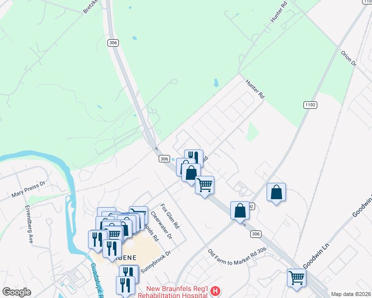 map of restaurants, bars, coffee shops, grocery stores, and more near 2025 Hunter Road in New Braunfels