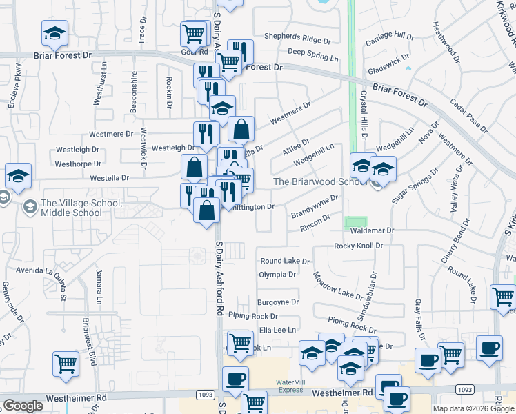 map of restaurants, bars, coffee shops, grocery stores, and more near 12553 Whittington Drive in Houston