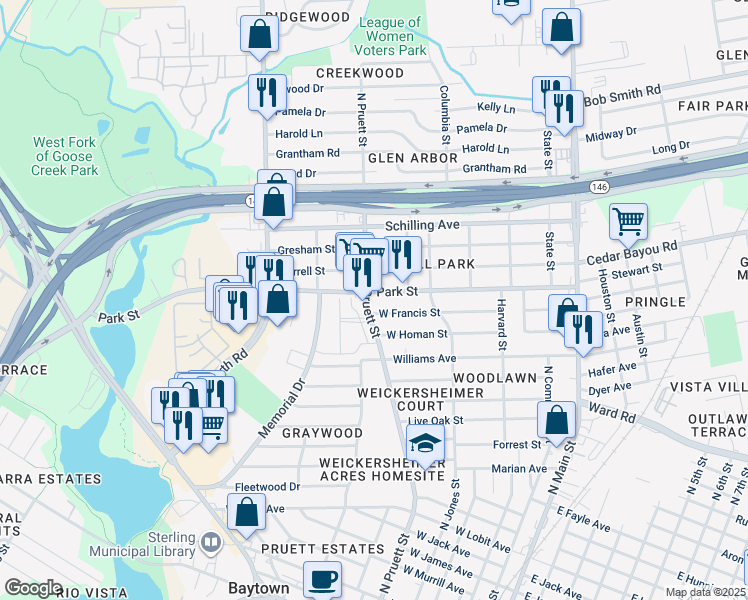 map of restaurants, bars, coffee shops, grocery stores, and more near 521 Park Street in Baytown