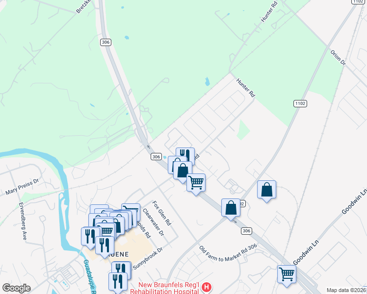 map of restaurants, bars, coffee shops, grocery stores, and more near 1333 Homestead Cove in New Braunfels