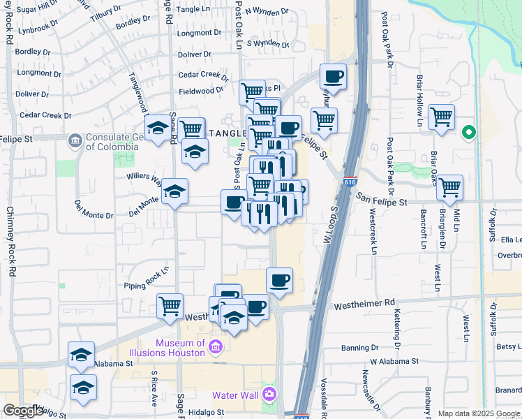 map of restaurants, bars, coffee shops, grocery stores, and more near 1980 Post Oak Boulevard in Houston