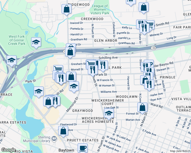 map of restaurants, bars, coffee shops, grocery stores, and more near 521 Park Street in Baytown