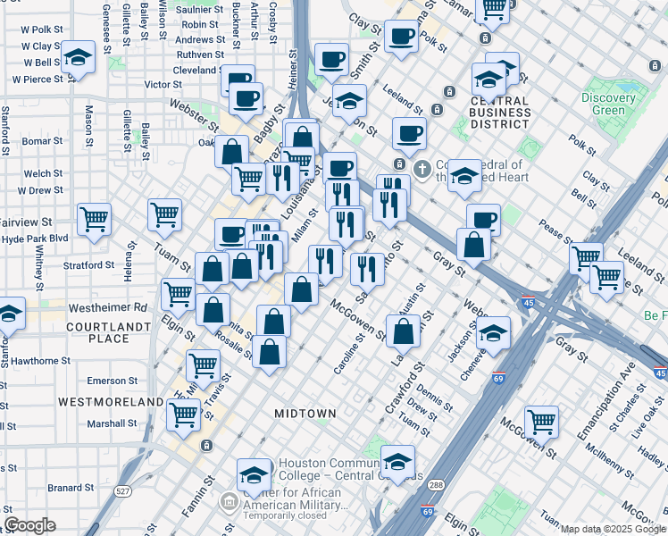 map of restaurants, bars, coffee shops, grocery stores, and more near 2401 Main street in Houston