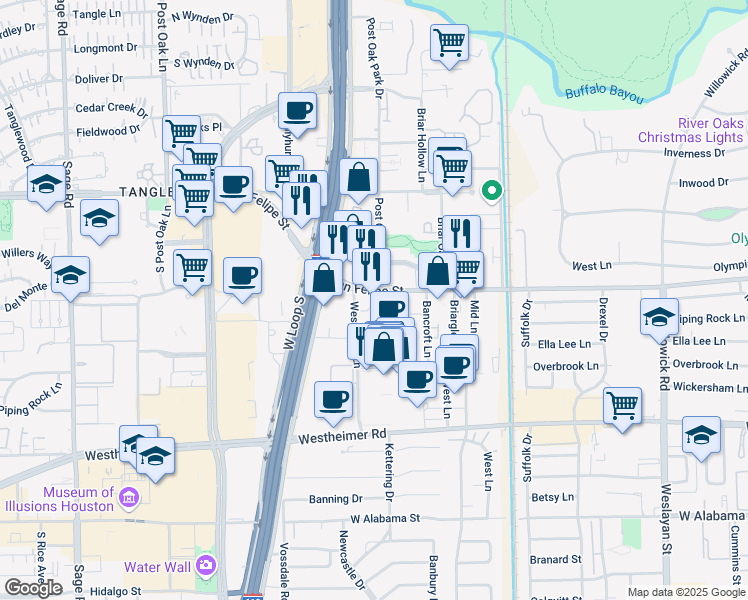 map of restaurants, bars, coffee shops, grocery stores, and more near 4521 San Felipe Street in Houston