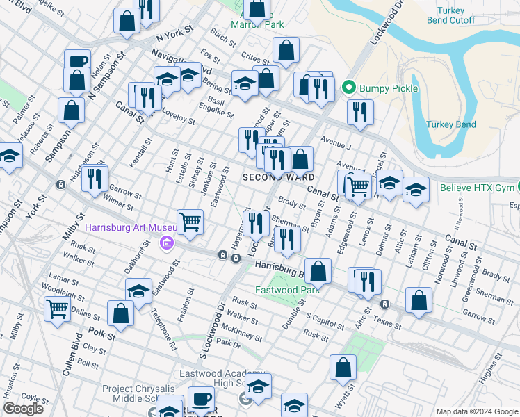 map of restaurants, bars, coffee shops, grocery stores, and more near 4605 Sherman Street in Houston