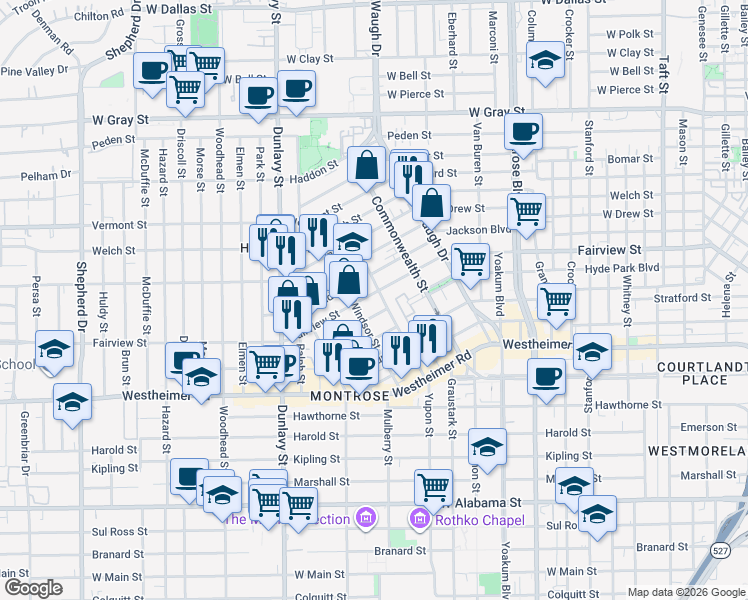 map of restaurants, bars, coffee shops, grocery stores, and more near 1607 Fairview Street in Houston