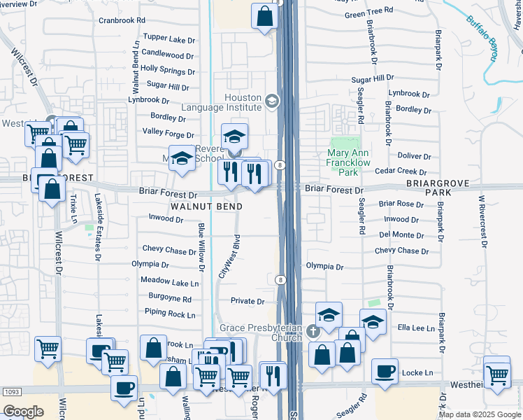 map of restaurants, bars, coffee shops, grocery stores, and more near 2000 West Sam Houston Parkway South in Houston