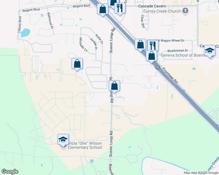 map of restaurants, bars, coffee shops, grocery stores, and more near 129 Deerwood Oaks in Boerne