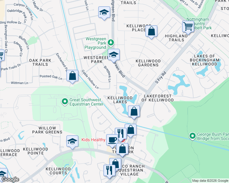 map of restaurants, bars, coffee shops, grocery stores, and more near 2510 Hidden Shore Drive in Katy