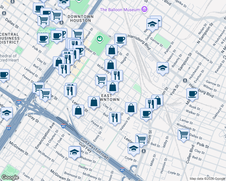map of restaurants, bars, coffee shops, grocery stores, and more near 1110 Delano Street in Houston