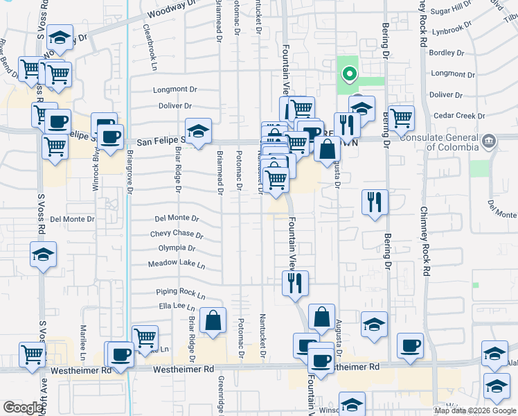 map of restaurants, bars, coffee shops, grocery stores, and more near 2005 Nantucket Drive in Houston