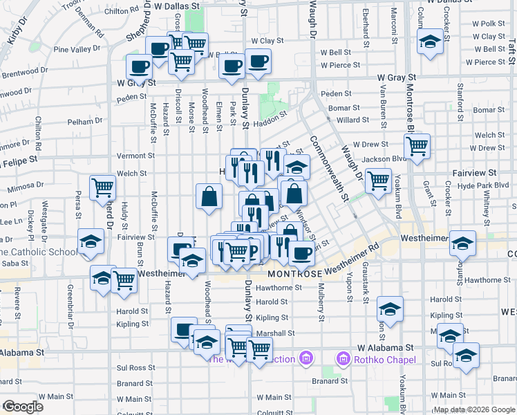 map of restaurants, bars, coffee shops, grocery stores, and more near 1753 Michigan Street in Houston