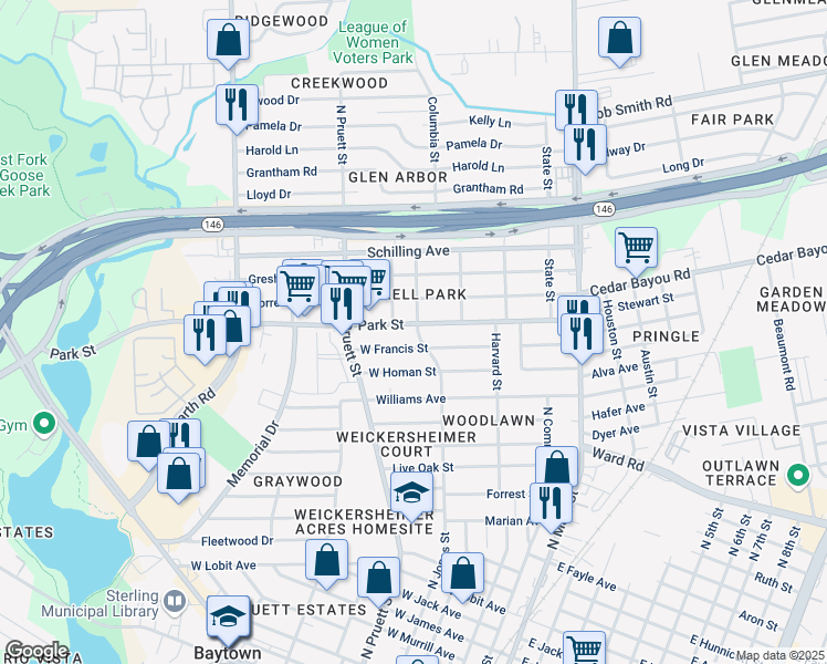 map of restaurants, bars, coffee shops, grocery stores, and more near 313 Park Street in Baytown
