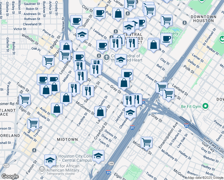 map of restaurants, bars, coffee shops, grocery stores, and more near 2111 Austin Street in Houston