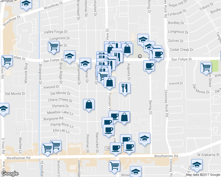 map of restaurants, bars, coffee shops, grocery stores, and more near 1957 Fountain View Drive in Houston