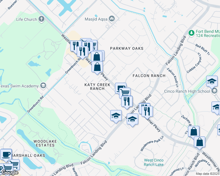 map of restaurants, bars, coffee shops, grocery stores, and more near 25118 Ibris Ranch Drive in Katy