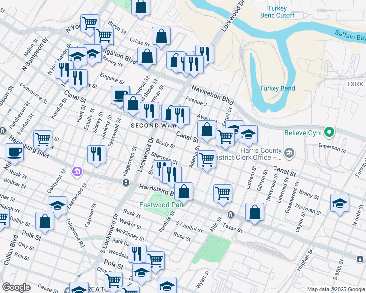 map of restaurants, bars, coffee shops, grocery stores, and more near 4901 Brady Street in Houston