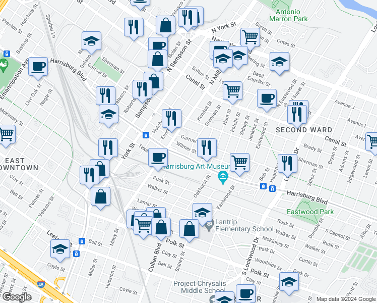 map of restaurants, bars, coffee shops, grocery stores, and more near 408 Drennan Street in Houston