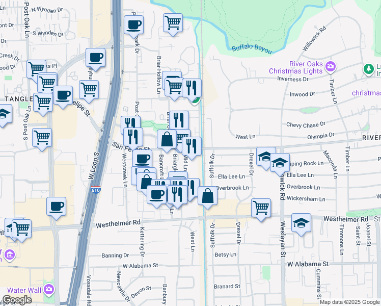 map of restaurants, bars, coffee shops, grocery stores, and more near 2121 Midlane St in Houston