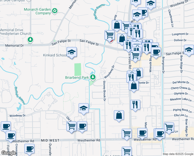 map of restaurants, bars, coffee shops, grocery stores, and more near 7922 Woodway Drive in Houston