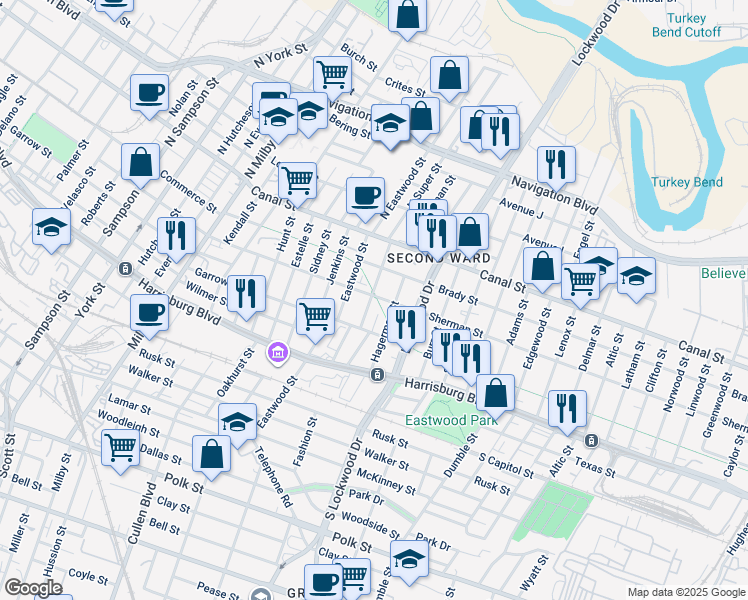 map of restaurants, bars, coffee shops, grocery stores, and more near 201 Super Street in Houston