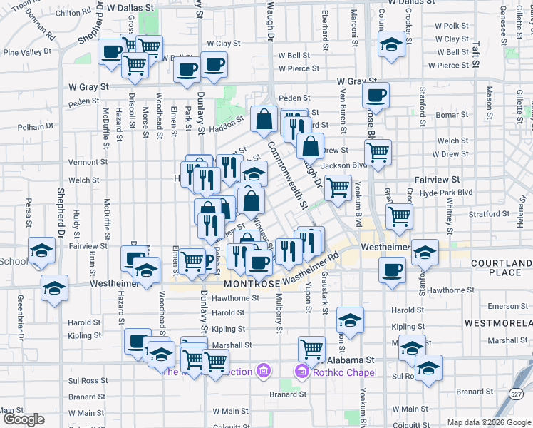 map of restaurants, bars, coffee shops, grocery stores, and more near 1607 Fairview Street in Houston