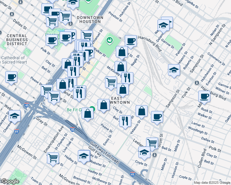 map of restaurants, bars, coffee shops, grocery stores, and more near 2704 Dallas Street in Houston