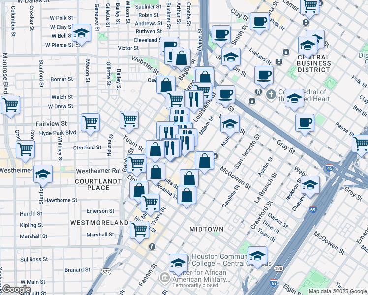 map of restaurants, bars, coffee shops, grocery stores, and more near 2625 Louisiana Street in Houston