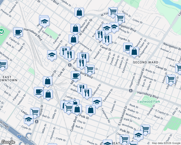 map of restaurants, bars, coffee shops, grocery stores, and more near in Houston