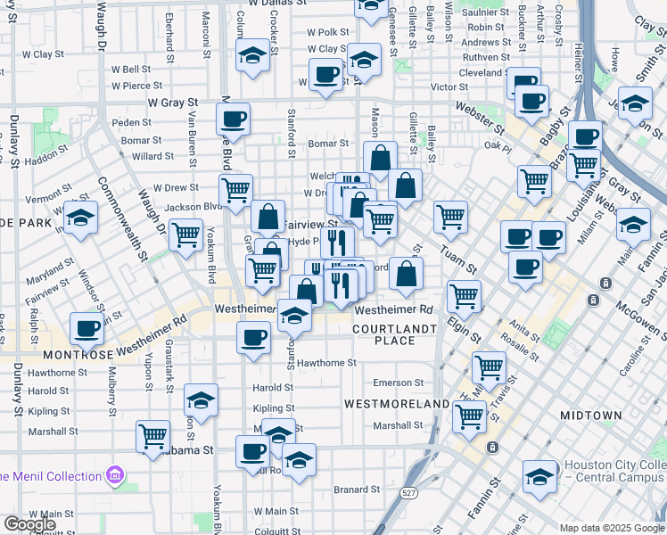 map of restaurants, bars, coffee shops, grocery stores, and more near 405 Stratford Street in Houston